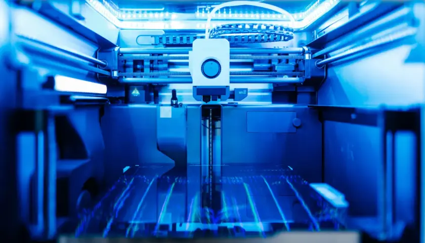 Ein 3D-Drucker im Einsatz, der durch additive Fertigung komplexe Strukturen erschafft. Das blaue Licht beleuchtet die Präzision des 3D-Drucks.