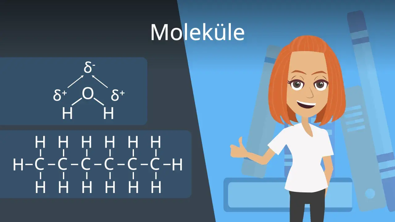 Moleküle: Wasser und Hexan, Beispiele für orbitale Chemie. Eine Frau mit roten Haaren gibt Daumen hoch.