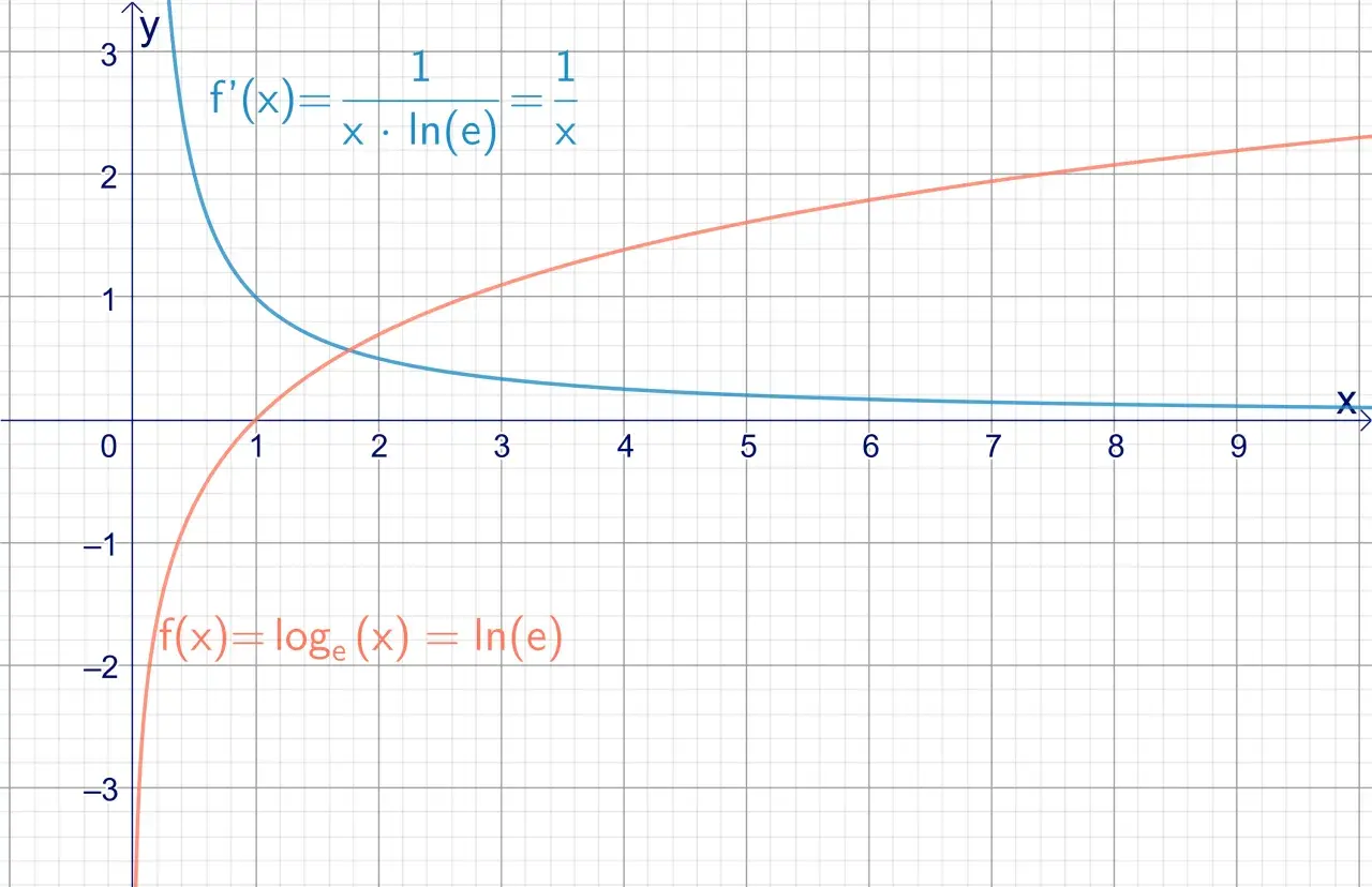 Graphen von f(x) = loge(x) und seiner Ableitung f'(x) = 1/x. Die Ableitung des Logarithmus ist hier visualisiert.