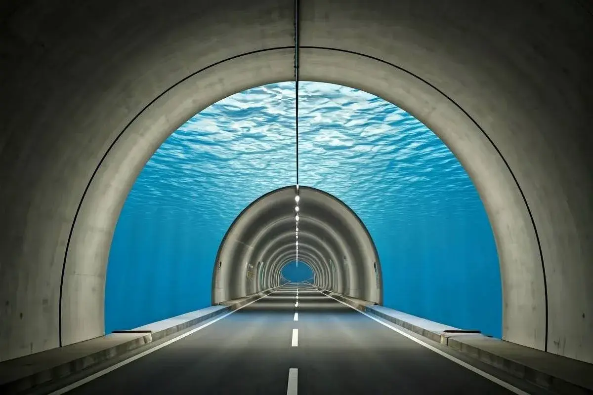 Ein unterwasser tunnel in England, der unter blauem Wasser hindurchführt. Die Straße ist leer und beleuchtet.