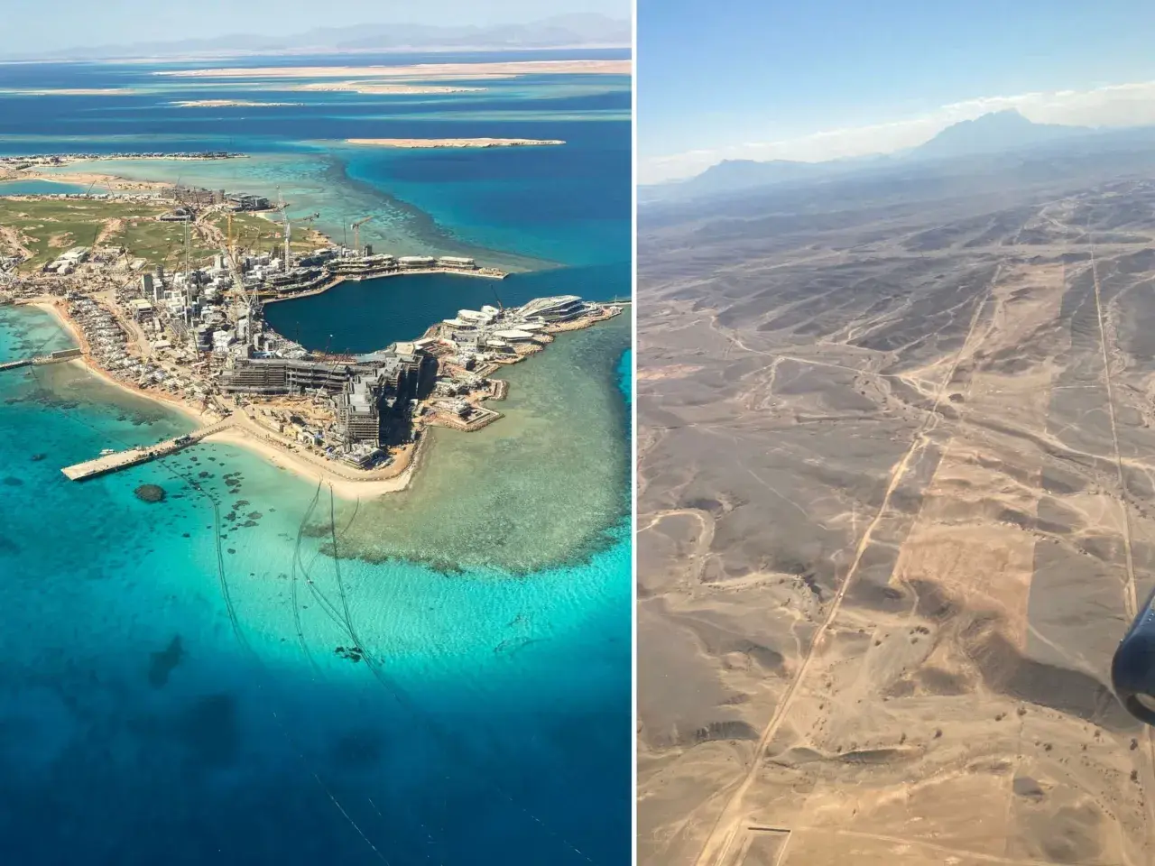 Links: Baustelle von NEOM am Meer, rechts: Wüstenlandschaft. Kritik an NEOM: Ist das eine Vision oder eine Utopie?