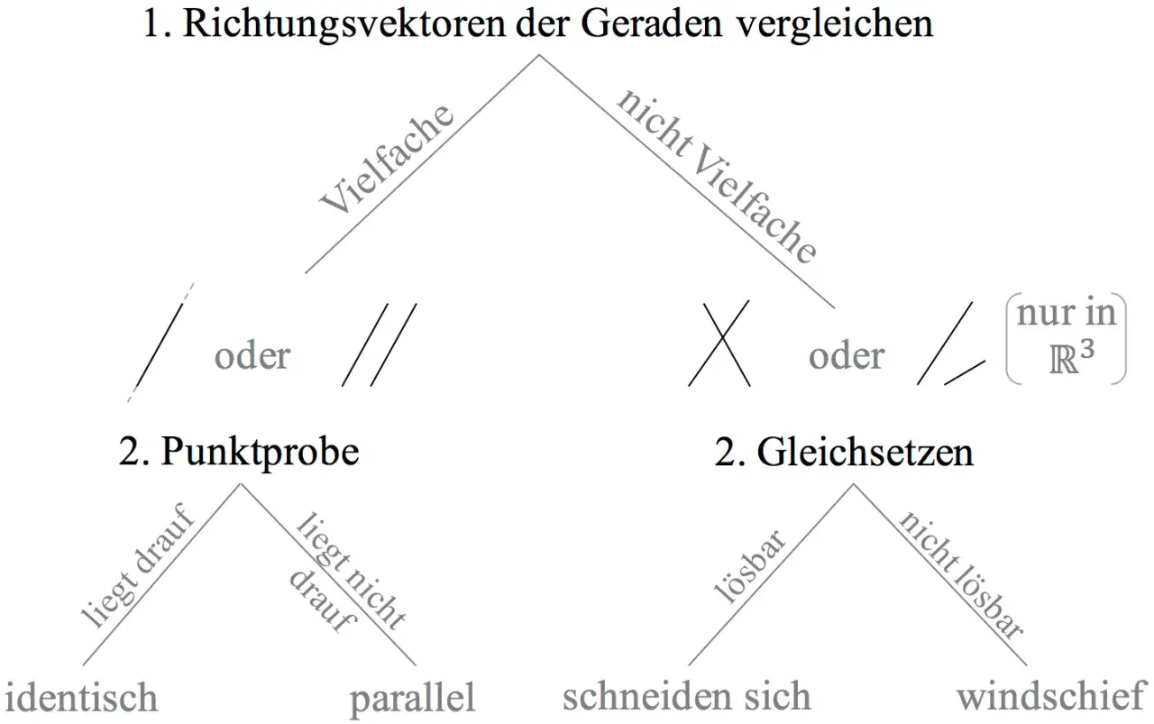 Vergleich von Richtungsvektoren im Raum: parallele, identische, sich schneidende oder windschiefe Geraden.