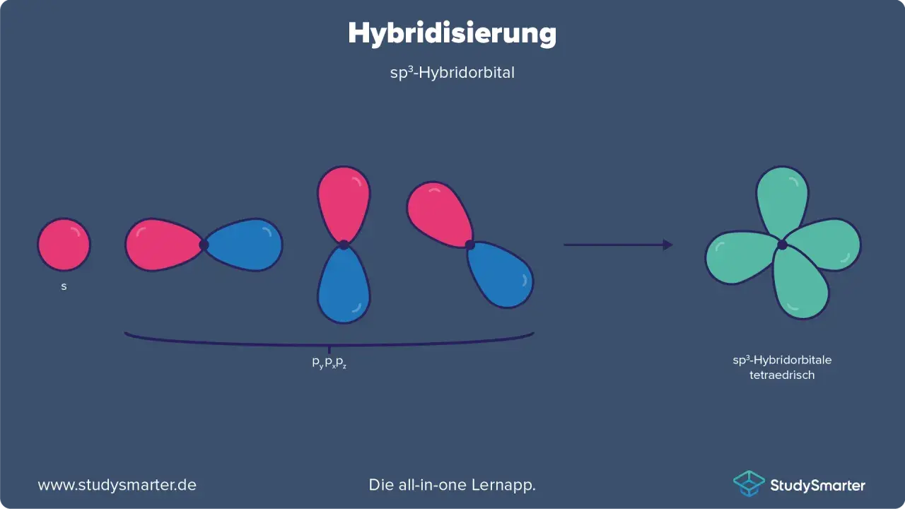 Die sp³-Hybridisierung zeigt, wie ein s-Orbital und drei p-Orbitale zu vier sp³-Hybridorbitalen verschmelzen, die tetraedrisch angeordnet sind.