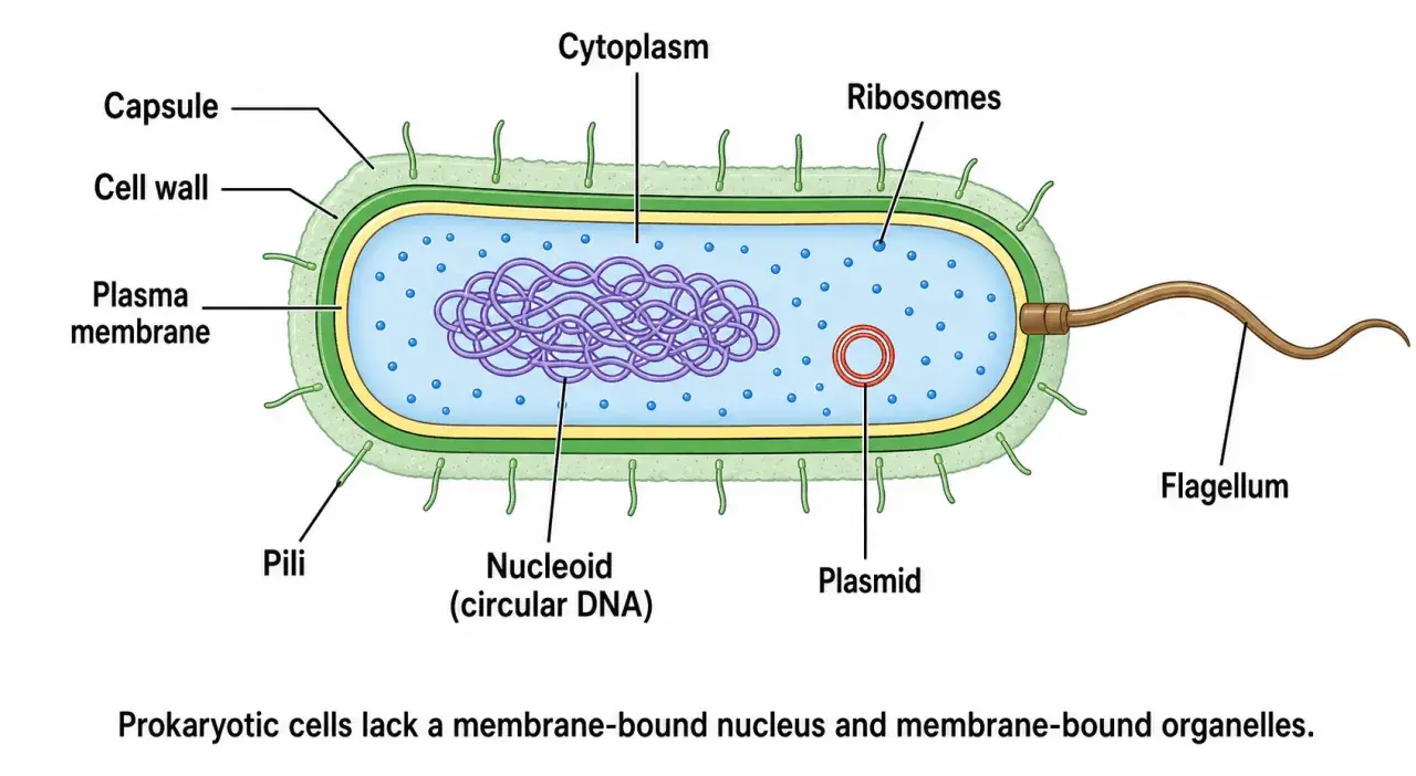 Struktur einer prokaryotischen Zelle mit Kapsel, Zellwand, Plasma-Membran, Zytoplasma, Ribosomen, Nukleoid, Plasmid und Flagellum.