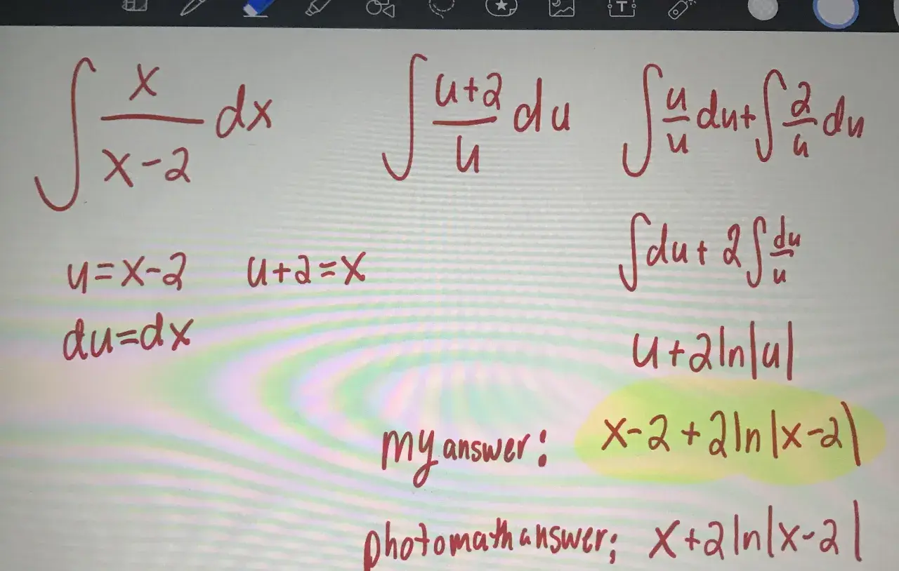 Rechenschritte zur **substitution integral** von x/(x-2) dx. Zeigt u=x-2, du=dx, und die Umwandlung in u/(u+2) du.