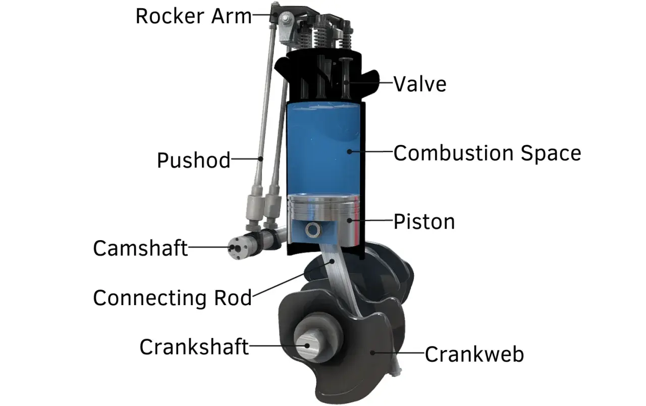 Schnittdarstellung eines Dieselmotor Aufbaus mit Kolben, Ventilen, Nockenwelle und Kurbelwelle.