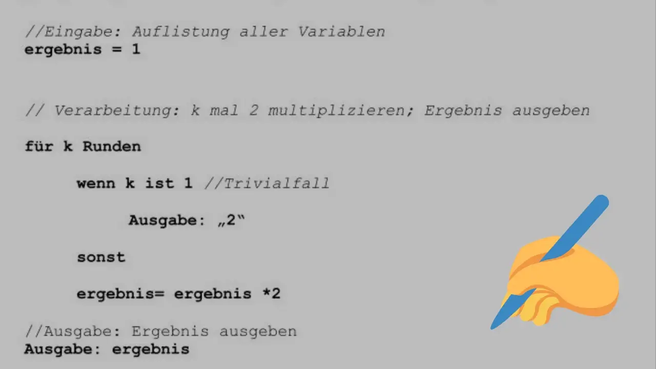 Code-Beispiel für Rekursion in Informatik: Eine Funktion, die sich selbst aufruft, um ein Ergebnis zu berechnen.