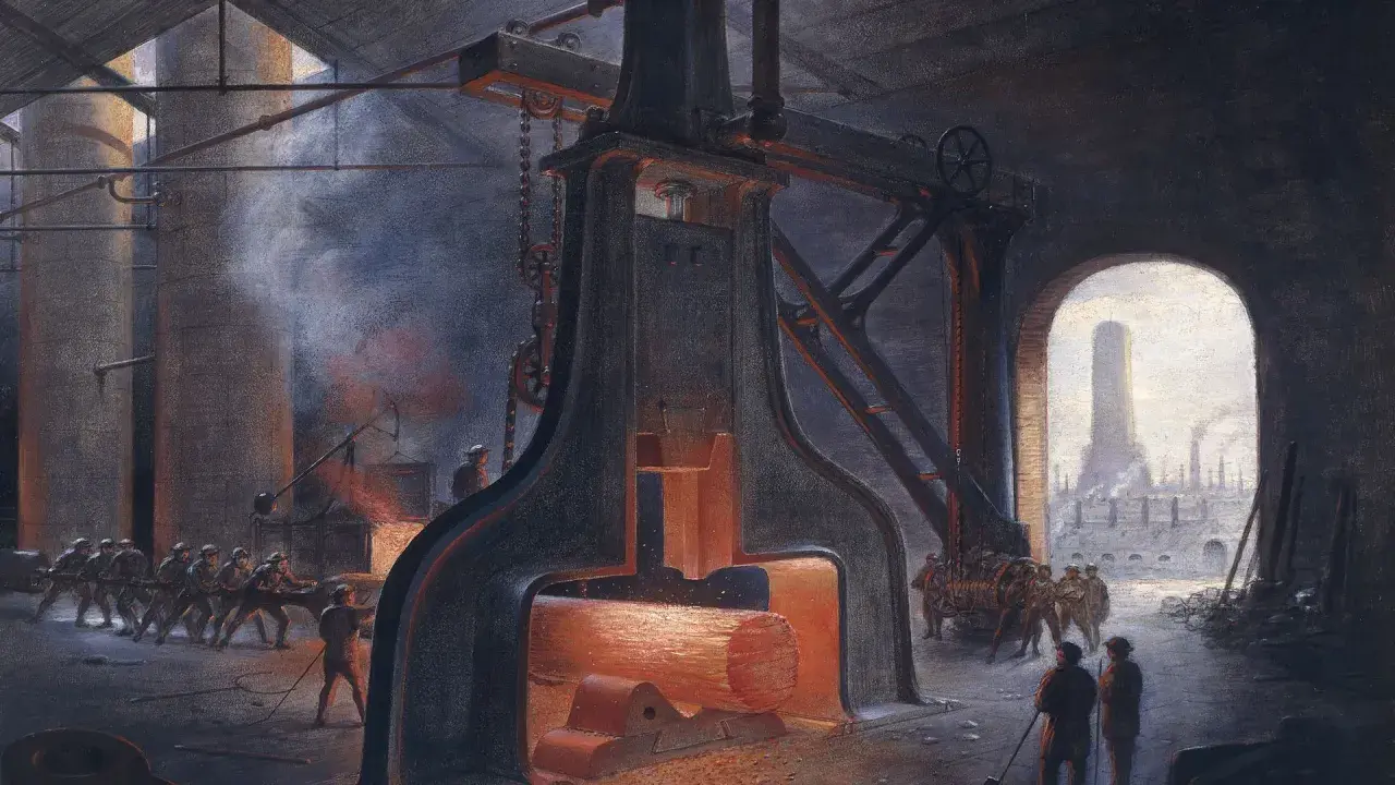 Arbeiter ziehen glühendes Metall unter einem riesigen Hammer. Rauch steigt auf, ein Symbol für den **Industrialisierung Beginn**.