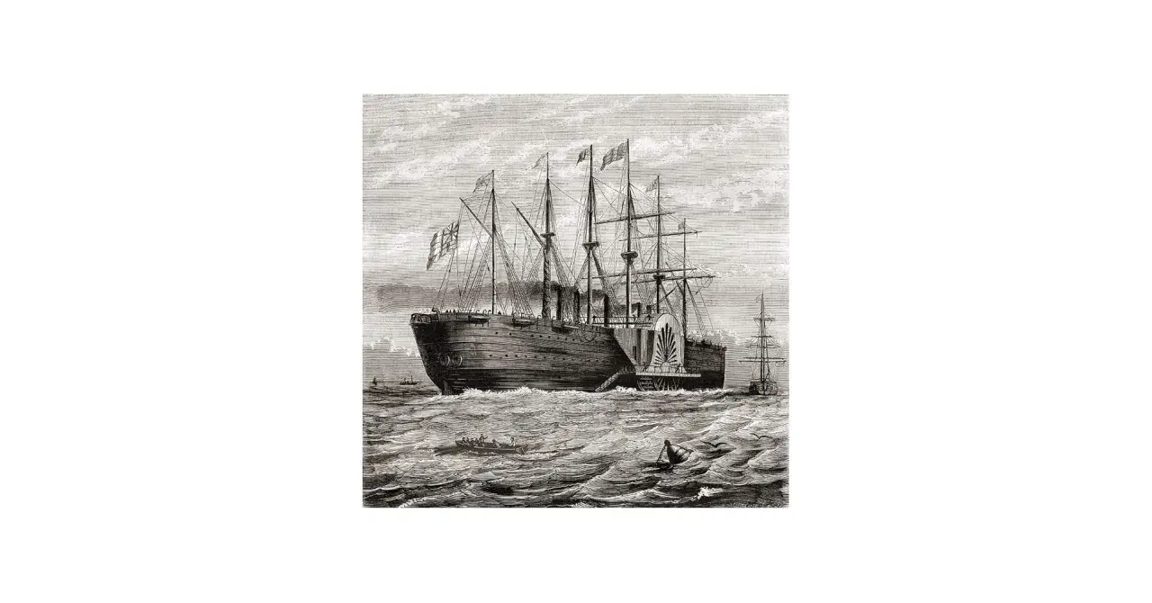 Das SS Great Eastern, ein riesiges Dampfschiff mit Segeln, durchpflügt die Wellen. Kleinere Boote sind in der Nähe zu sehen.