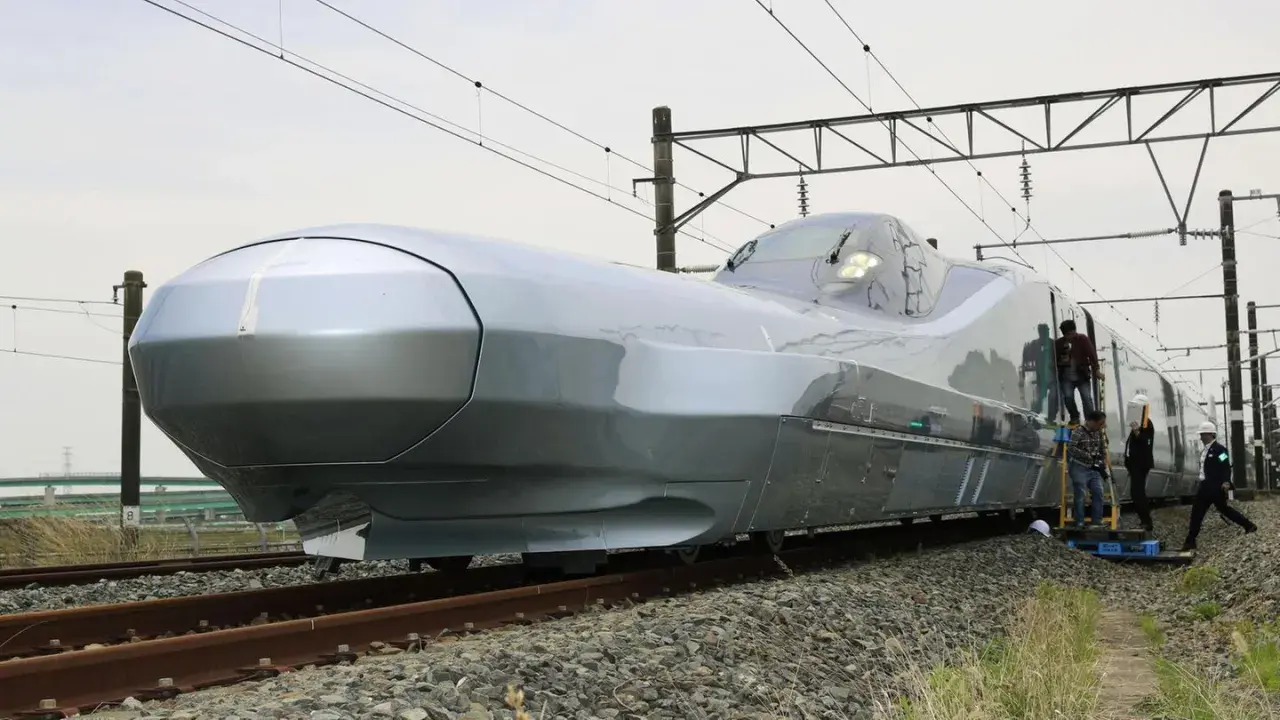 Der futuristisch anmutende, silberne Zug, der aussieht wie der schnellste Zug der Welt, steht auf Gleisen. Mehrere Personen sind auf Leitern, um ihn zu inspizieren.
