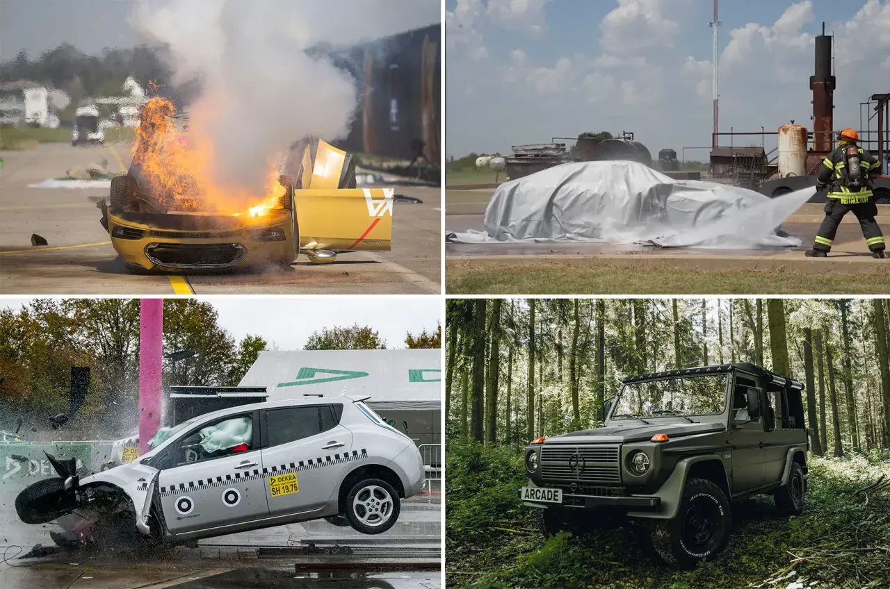 Vier Bilder zeigen Autos: eines brennt, ein anderes wird mit Wasser gelöscht, ein drittes ist bei einem Crash zerstört, ein viertes, ein e auto brand, steht im Wald.