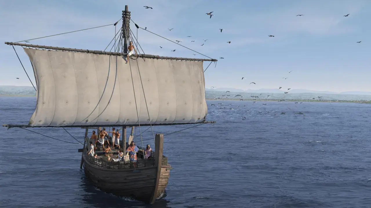 Das Schiff von Uluburun, eine antike Handelsflotte, segelt über das Meer, umgeben von Möwen und Delfinen.