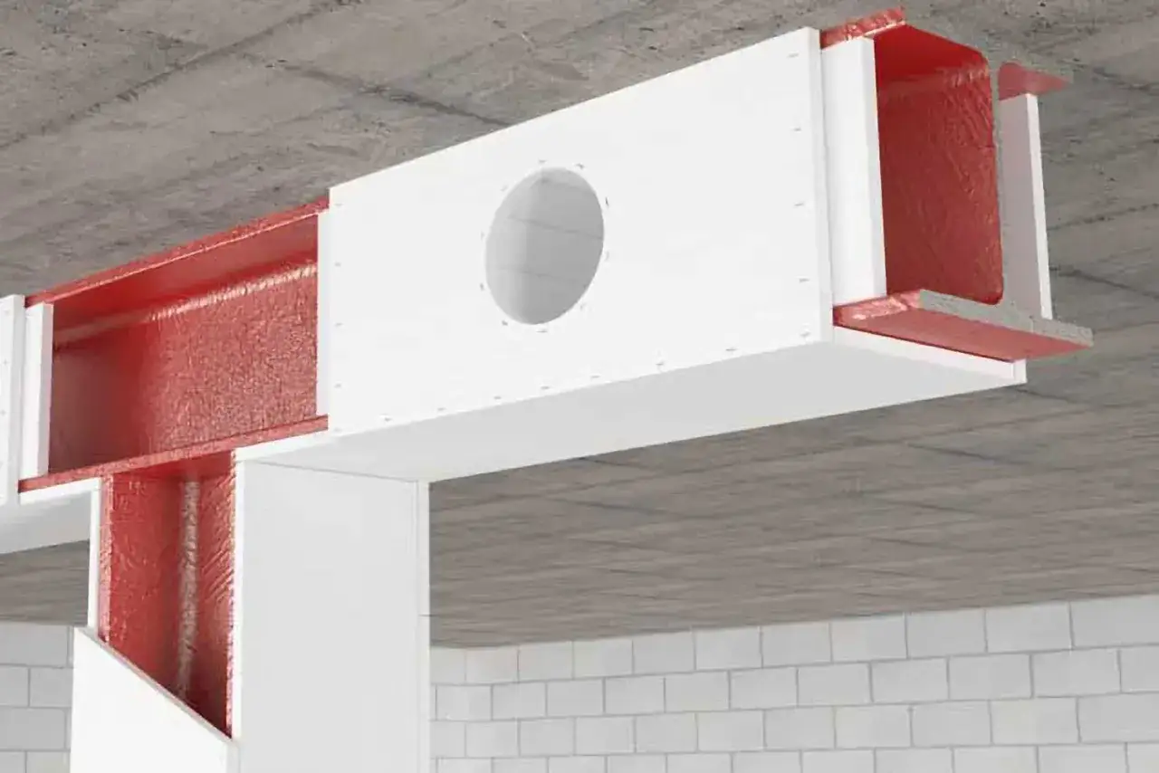 Ein roter Eisenstrahl, umh&uuml;llt von wei&szlig;er Verkleidung, mit einer runden &Ouml;ffnung.