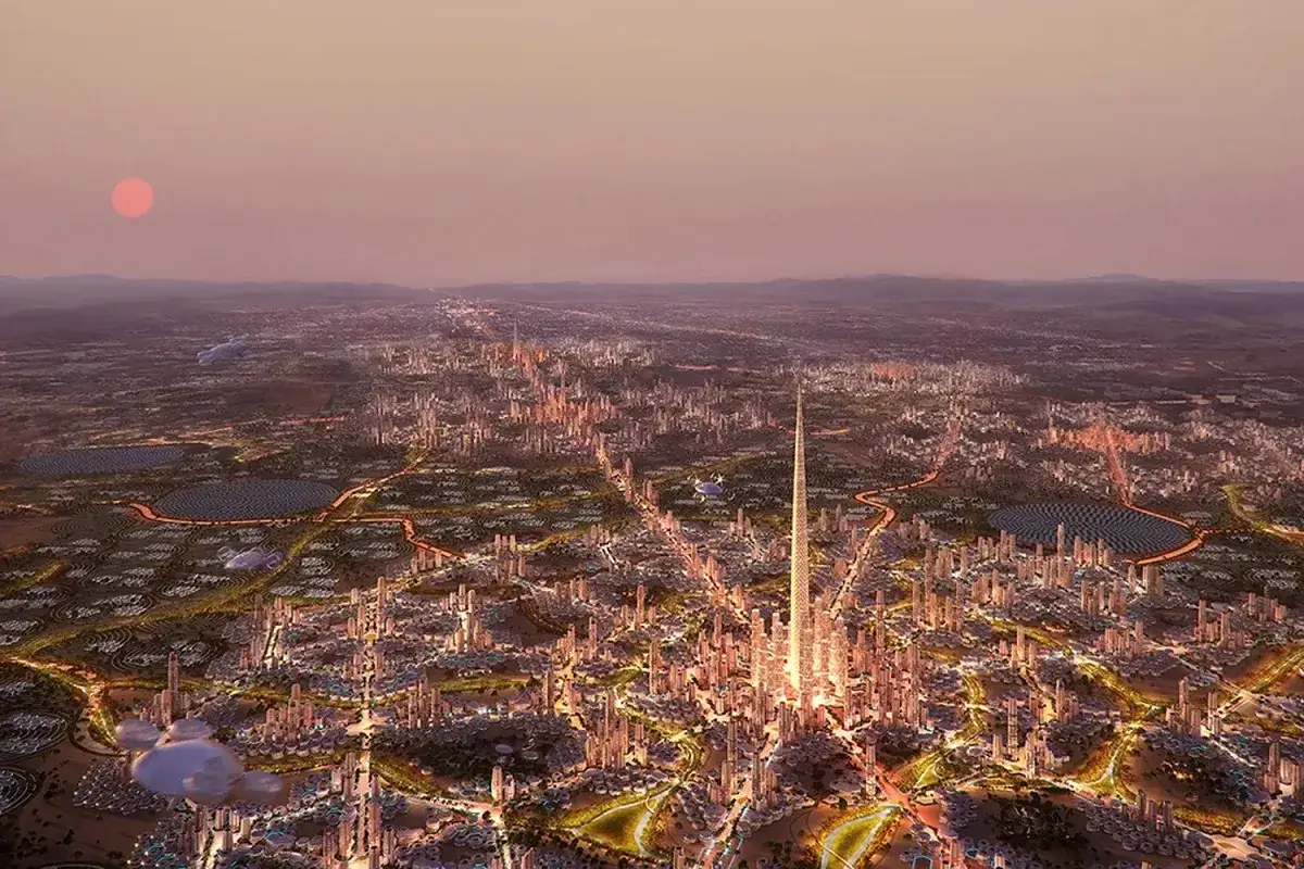 Futuristische Stadtansicht von Saudi Arabien: The Line, mit einem hohen Turm im Zentrum, umgeben von Lichtern und kreisf&ouml;rmigen Strukturen.