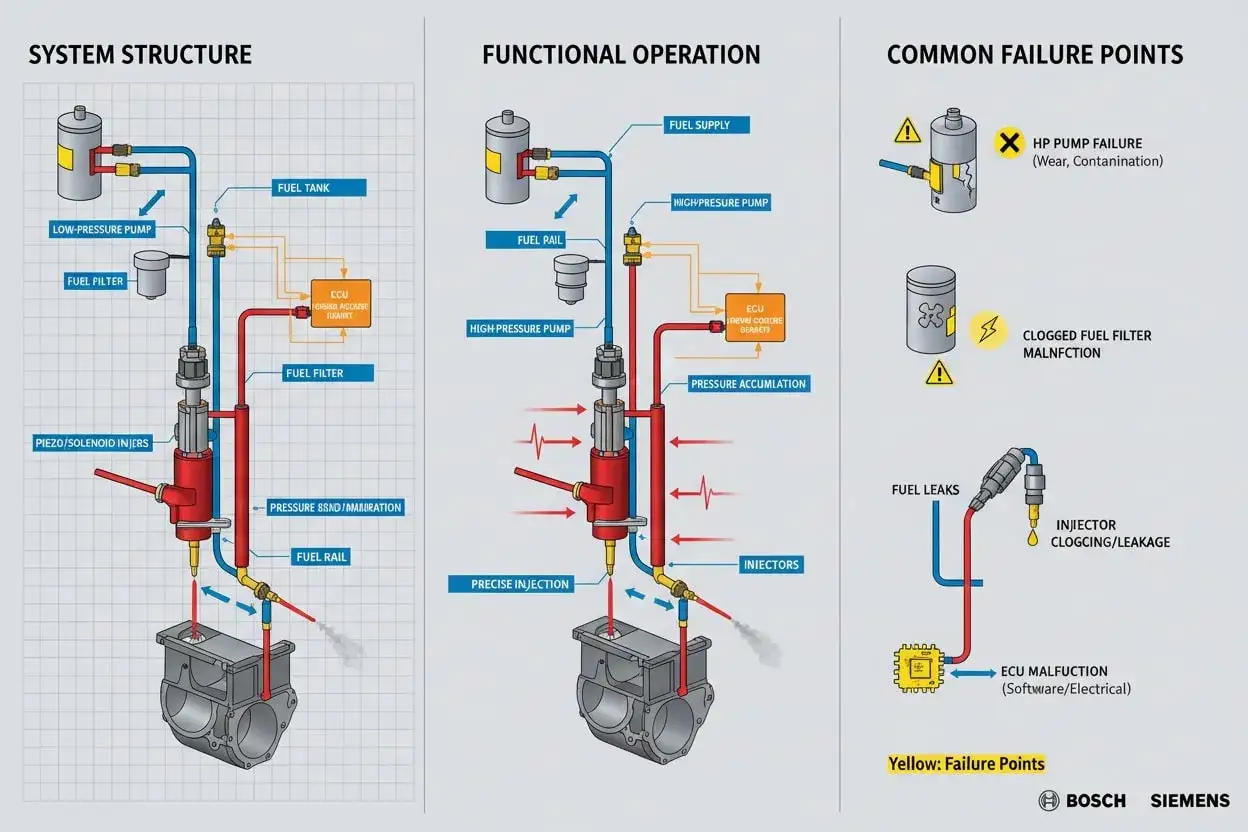 Schema des Dieselmotor Aufbaus: Kraftstoffsystem, Funktion und h&auml;ufige Fehlerquellen wie Pumpenversagen oder verstopfte Filter.