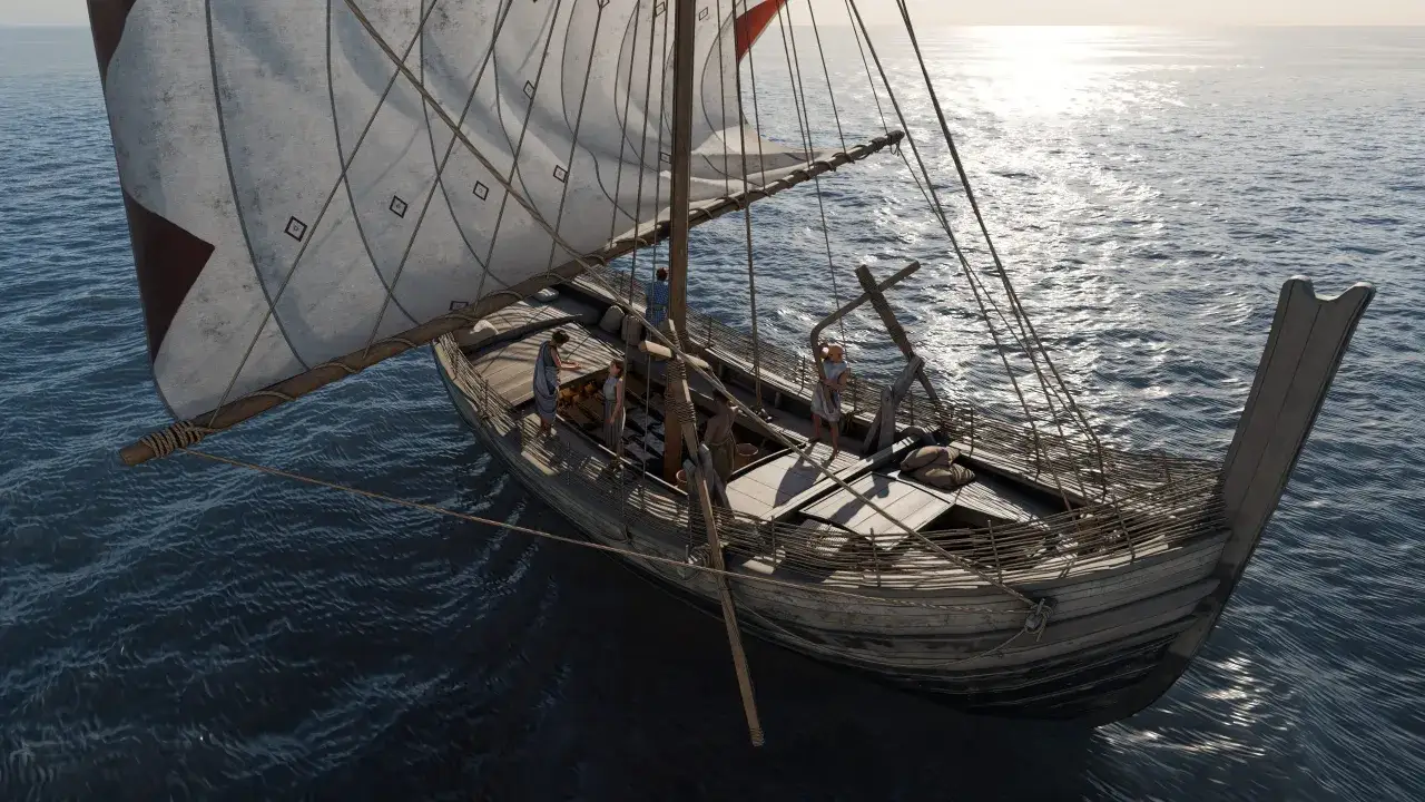Das Schiff von Uluburun, ein antikes Handelsschiff, segelt auf dem Meer. Mehrere Personen sind an Bord.