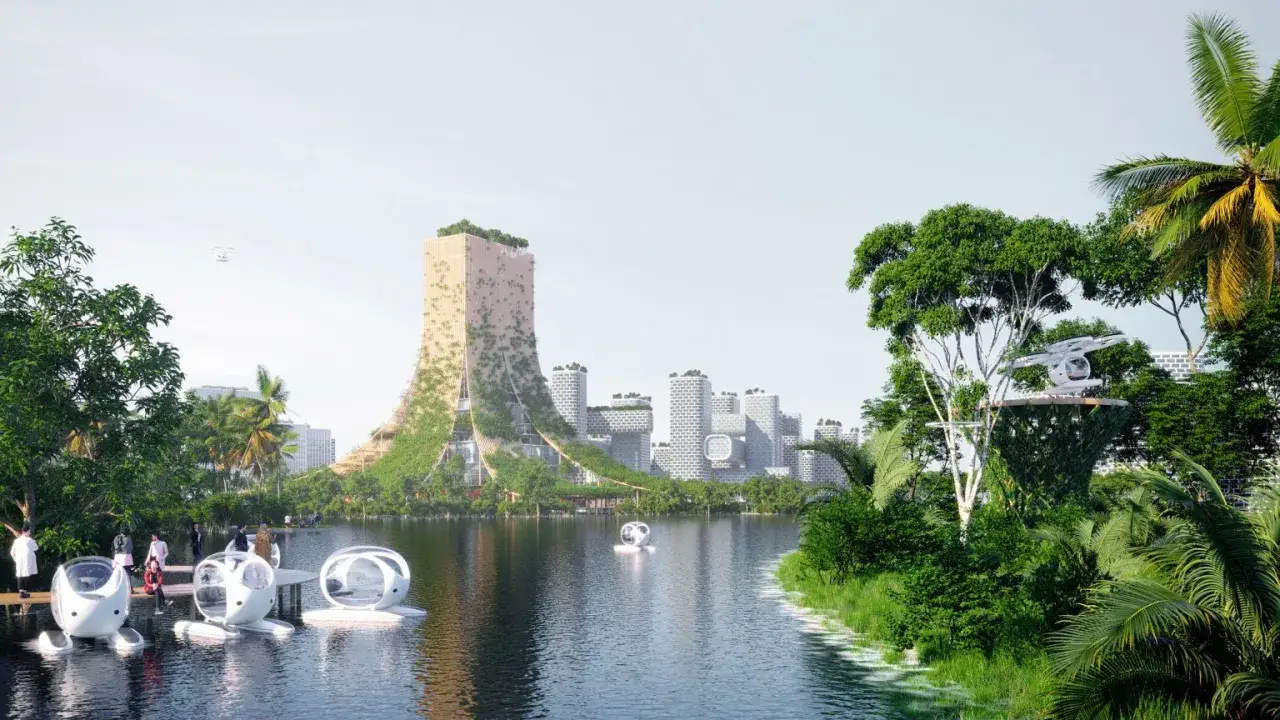 Futuristische schwimmende Stadt mit begrünten Türmen und Wasserfahrzeugen. Drohnen fliegen über die grüne Metropole.