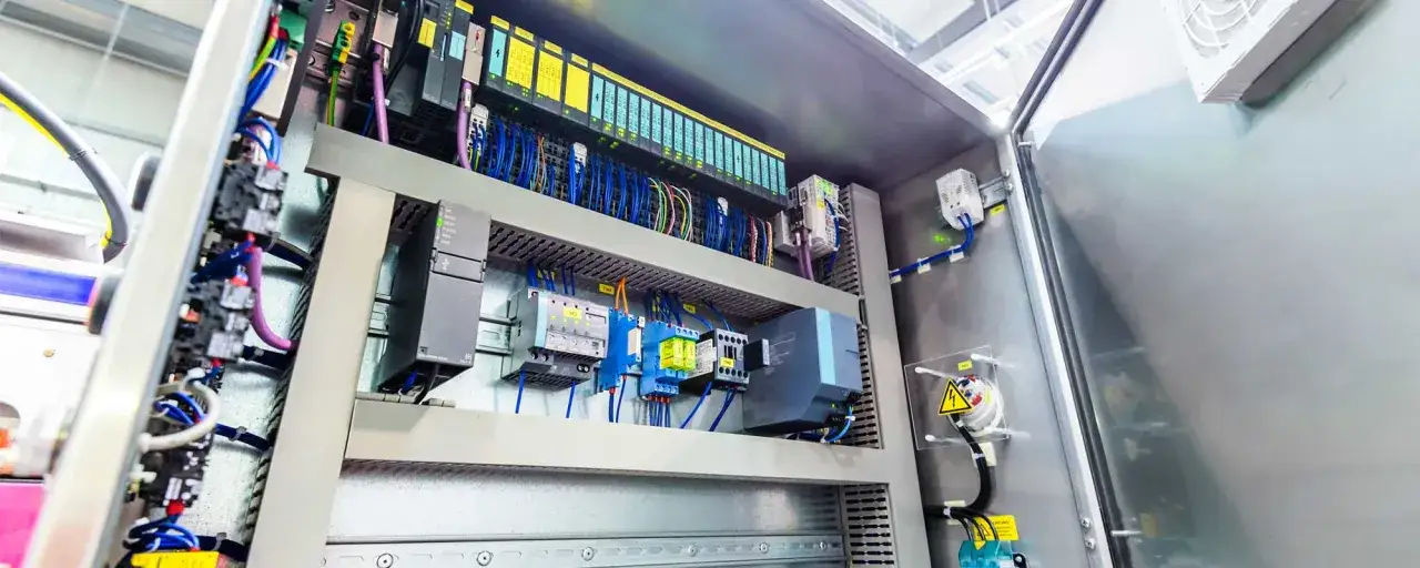 Ein offener Schaltschrank mit vielen Kabeln, Relais und einer SPS-Steuerung. Was ist SPS? Eine speicherprogrammierbare Steuerung, die Maschinen und Prozesse automatisiert.