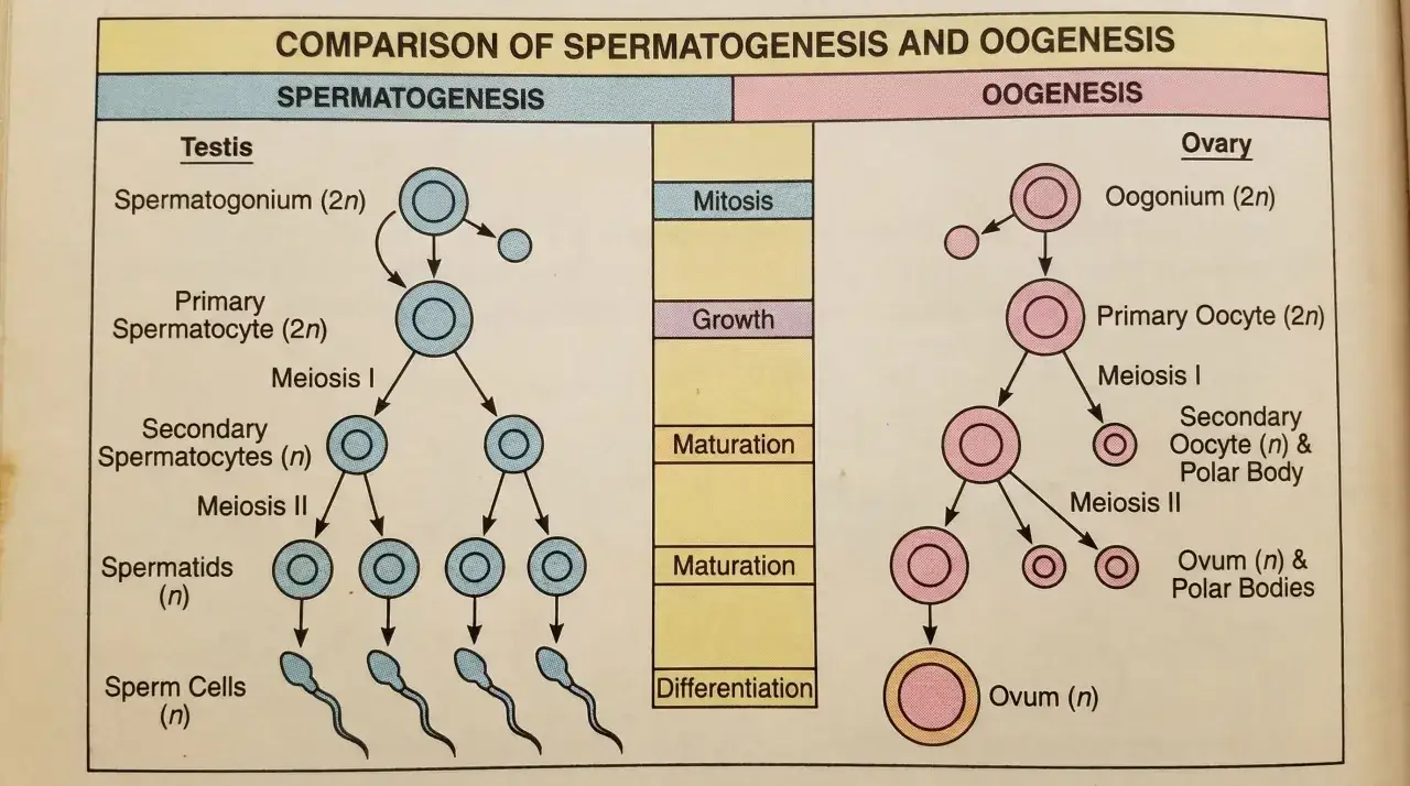 Vergleich von Spermatogenese und Oogenese: Von Spermatogonium zu Spermien und Oogonium zu Ovum.