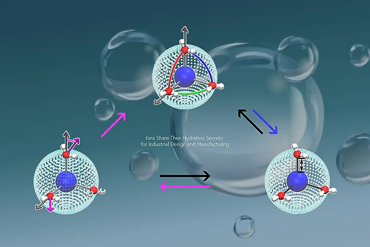 Molek&uuml;le zeigen, was ist Hydration: Ionen umgeben von Wassermolek&uuml;len, umgeben von Blasen.