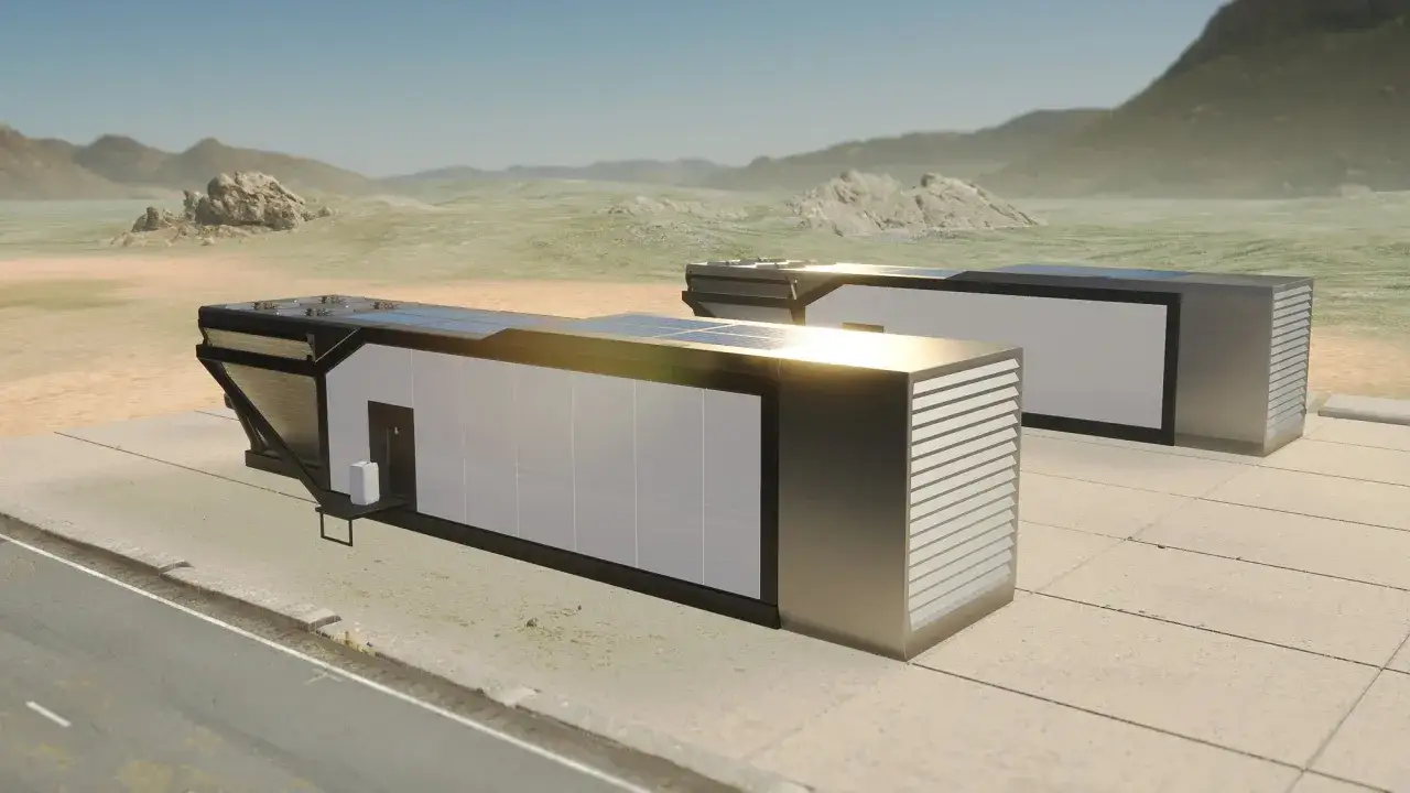 Moderne Container-Einheiten mit Solarpaneelen auf dem Dach, die darauf ausgelegt sind, Wasser aus Luft zu gewinnen. Sie stehen in einer trockenen Landschaft.