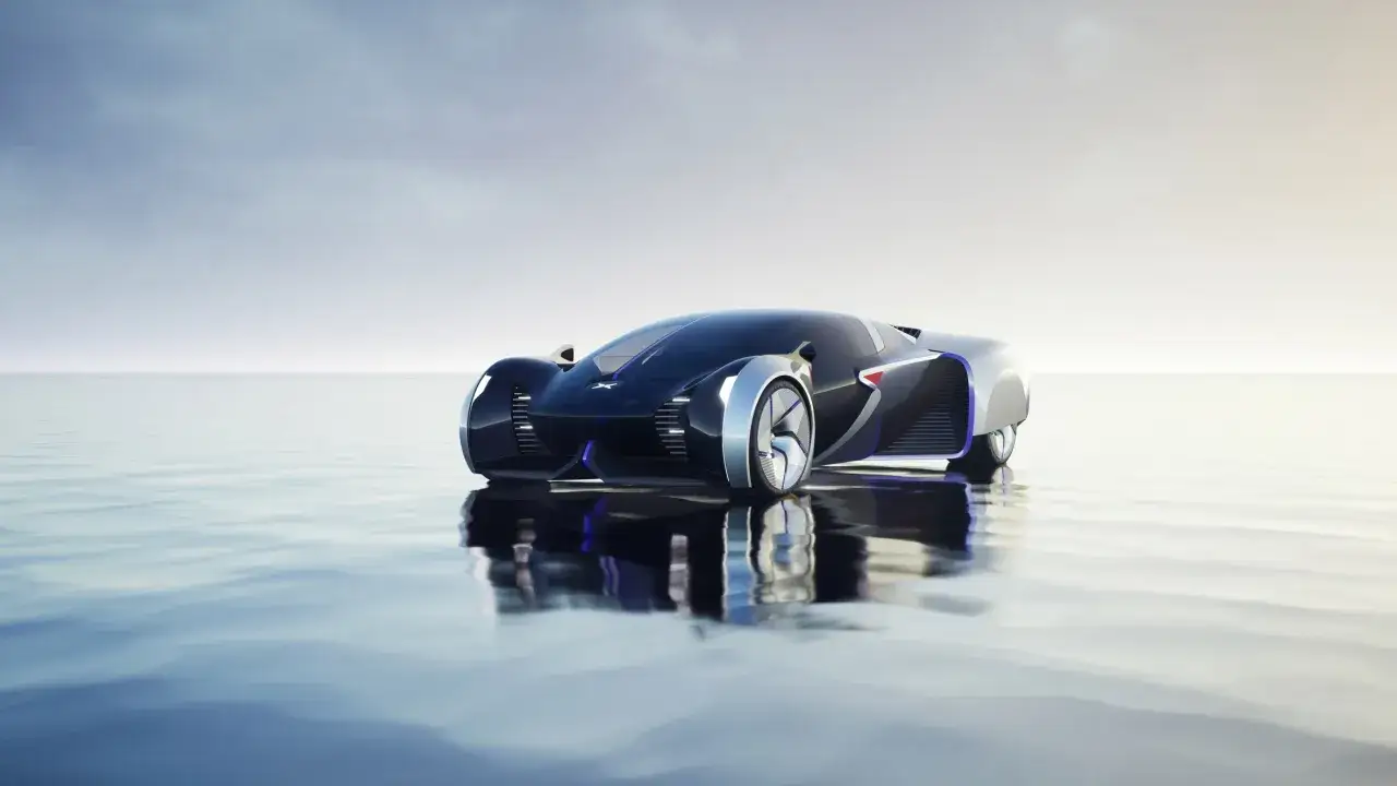 Futuristisches Auto auf spiegelglatter Wasseroberfl&auml;che, das an fliegende Autos erinnert.
