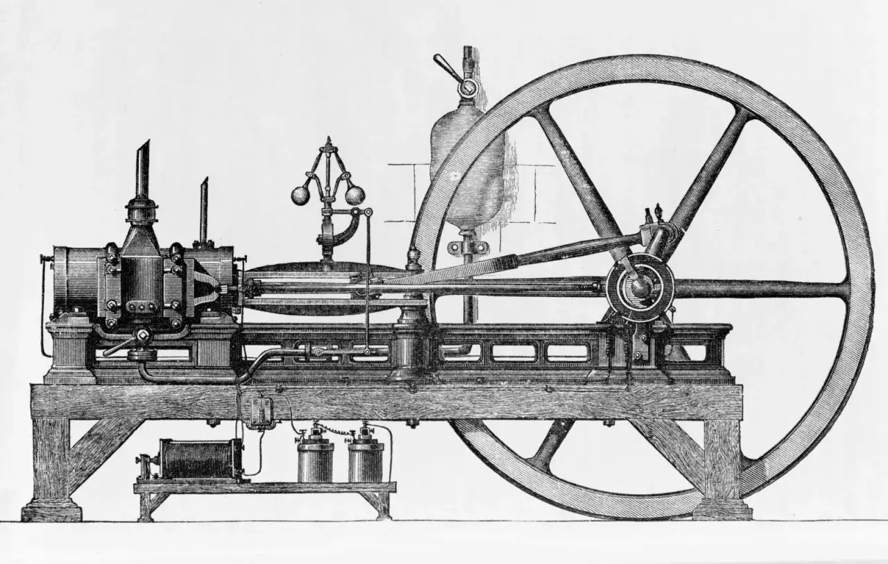 Dampfmaschine mit gro&szlig;em Schwungrad, ein Symbol der industriellen Revolution.