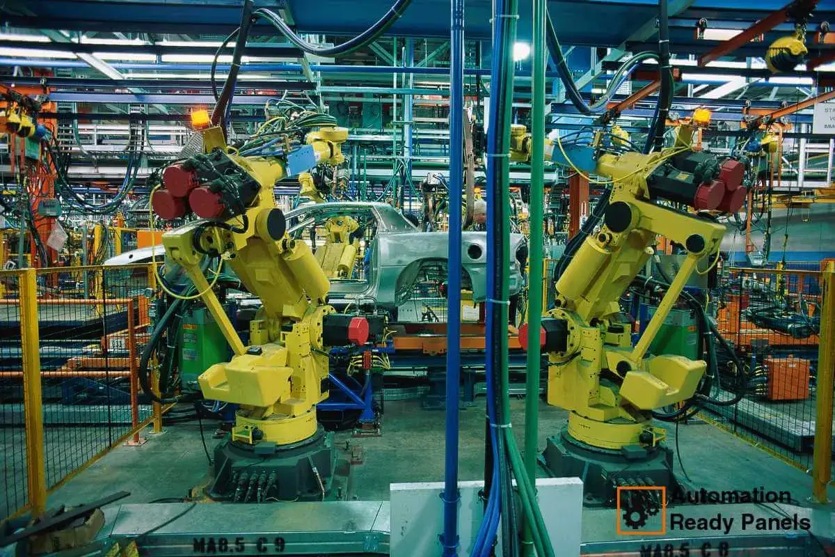 Zwei gelbe Roboterarme arbeiten an einem Auto-Chassis. Fortschrittliche industrielle Automatisierung in Aktion.