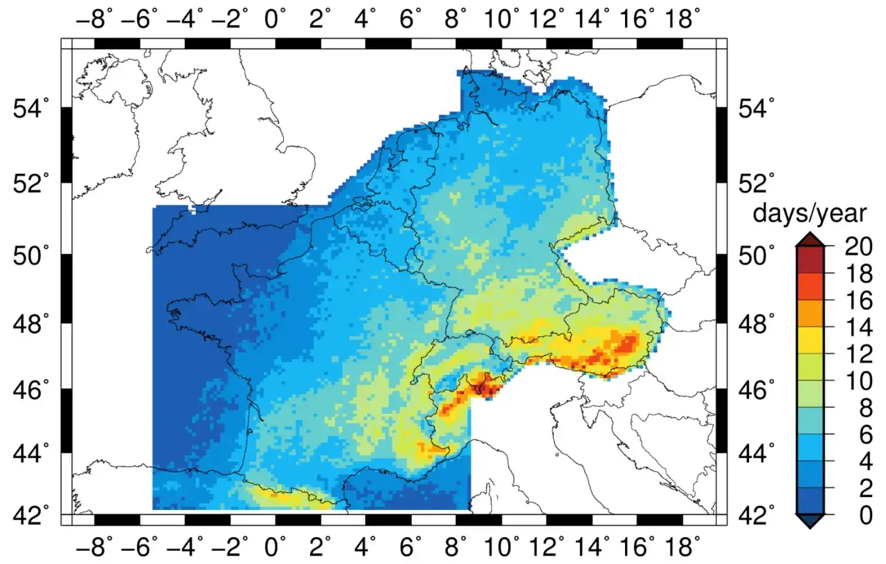 Karte zeigt Häufigkeit von Gewittern in Tagen pro Jahr. Die Physik hinter Gewittern wird durch die Farbverteilung visualisiert.